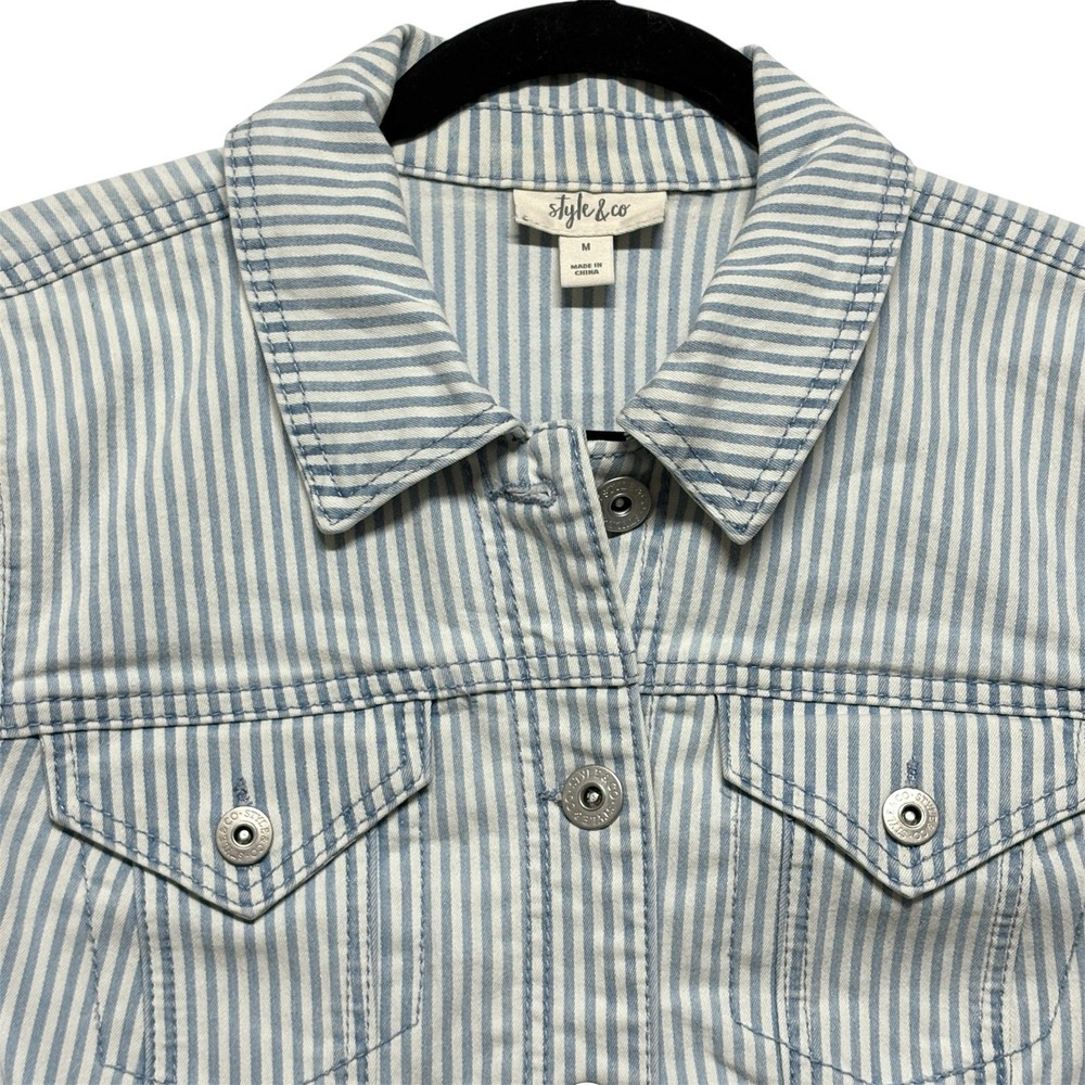Style & Co Railroad Stripe Denim Jacket Womens Retro Blue White Retro Coat Sz M - Picture 2 of 10